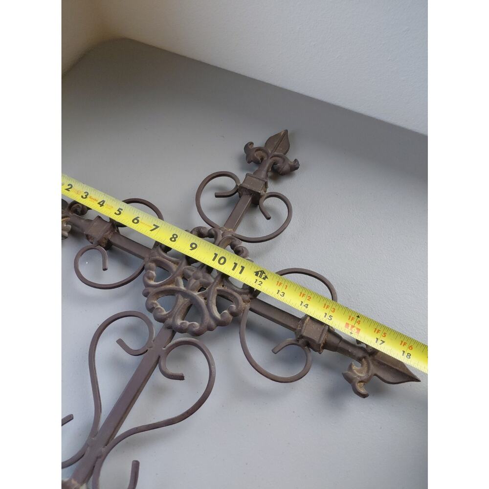 Vtg Large Heavy Cross Fleur de Lis Decorative Cast Wrought Iron Garden Home Goth - Picture 8 of 12